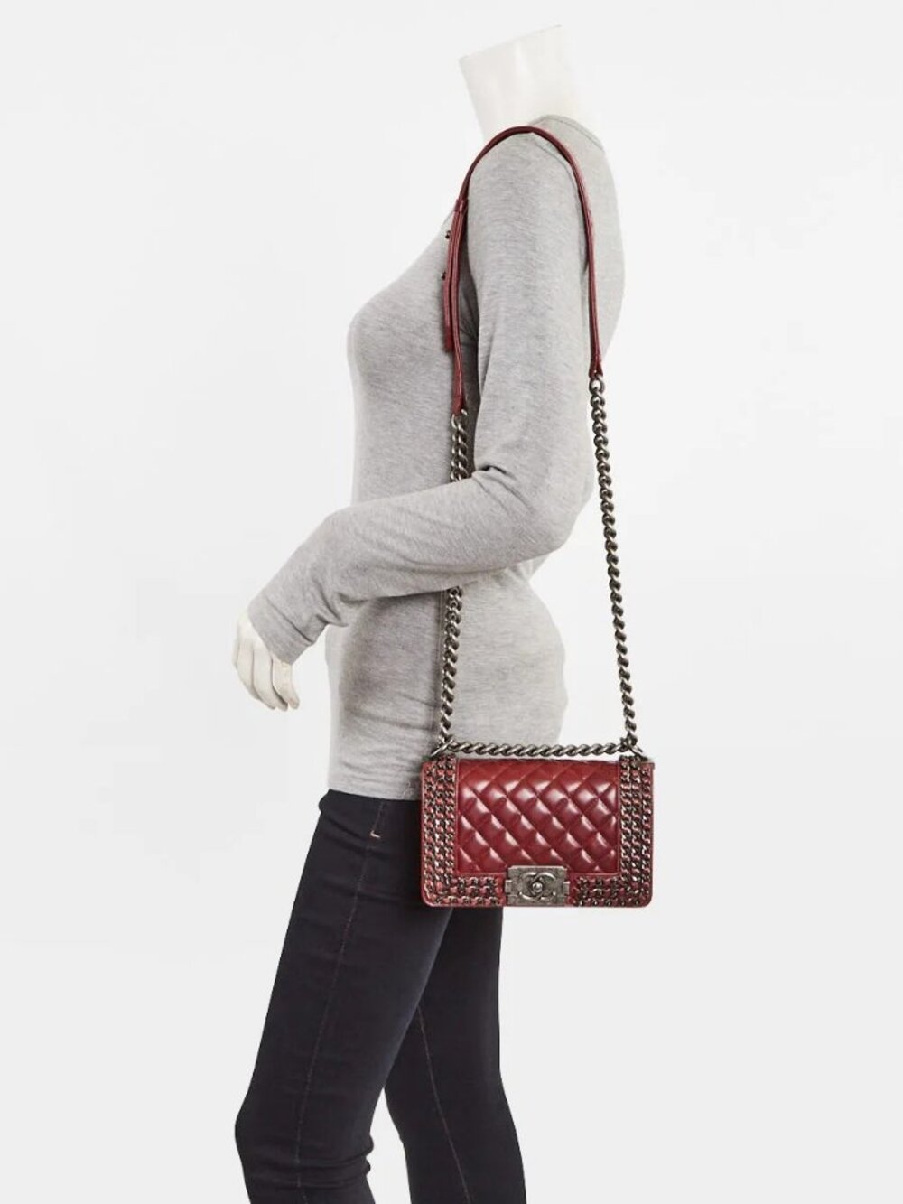 Chanel Red Quilted Calfskin Leather Chain Small Boy Bag